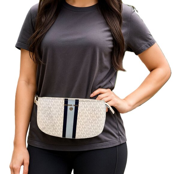 Michael Kors Monogram Belt Bag Blue Stripe Adjustable Strap Small Zip Pouch - Picture 1 of 15